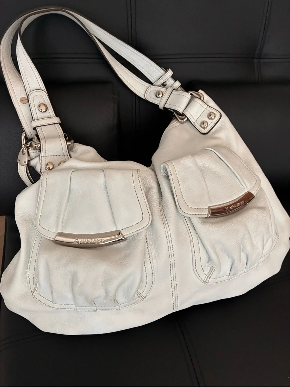 b. makowsky White Leather Hobo with Front Flap Pockets